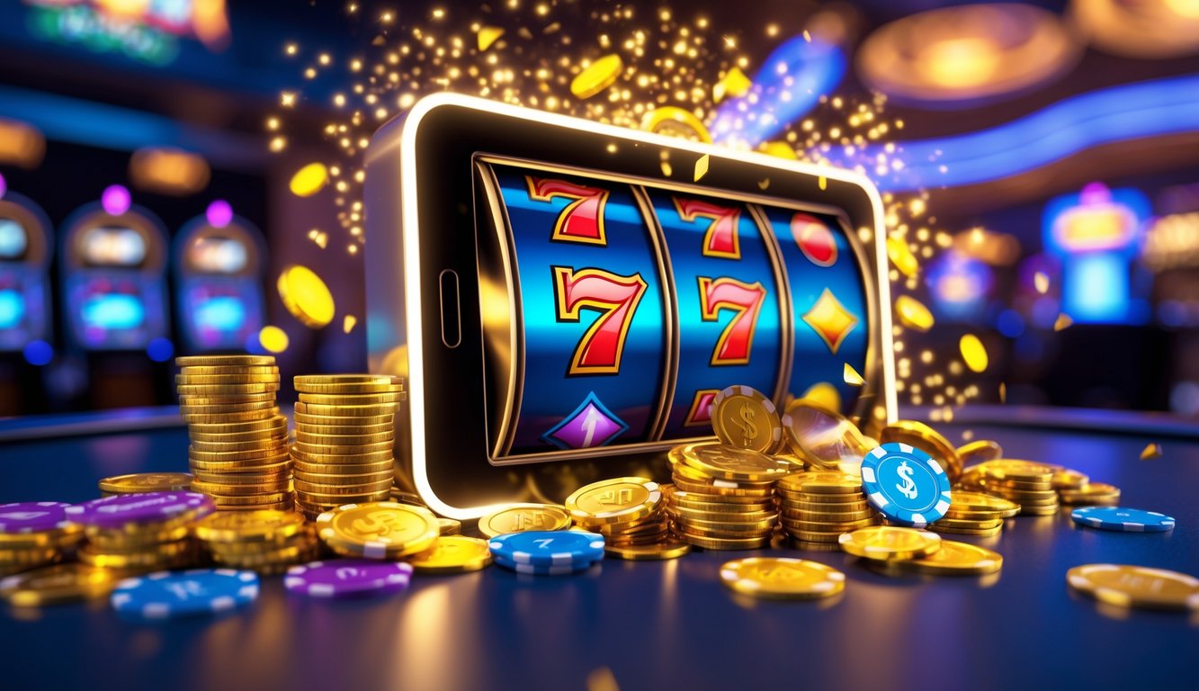 Tampilan mesin slot digital dengan koin emas dan chip kasino yang berkilauan di sekitarnya, menunjukkan suasana kemenangan besar dalam permainan slot online.