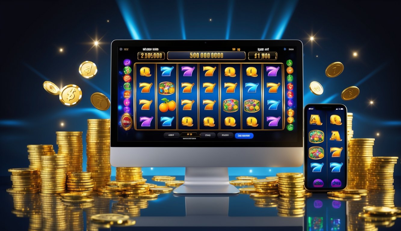 Layar komputer dan ponsel menampilkan mesin slot dengan koin emas dan chip kasino di sekitarnya, menggambarkan permainan slot online dengan jackpot besar dan putaran gratis.