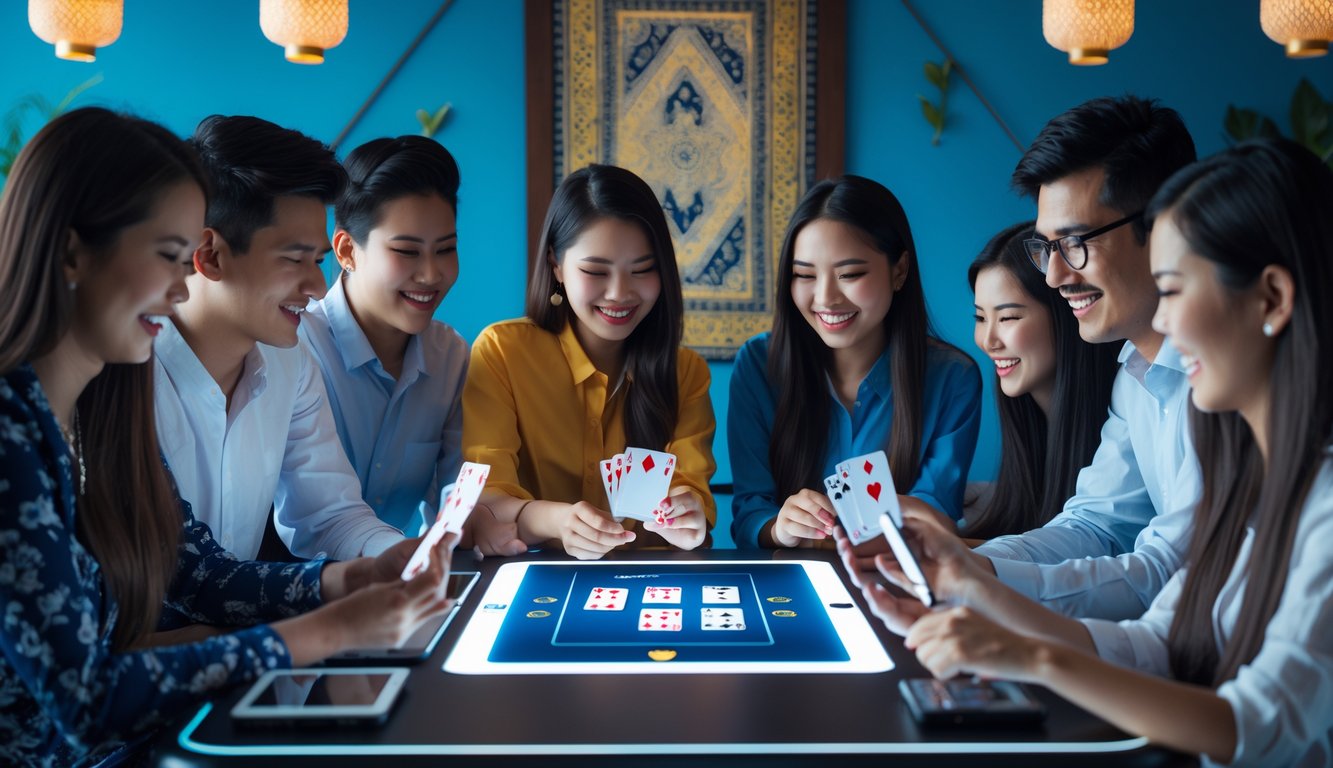 Sekelompok orang muda bermain permainan kartu online dengan perangkat digital di meja modern, suasana ceria dan fokus.