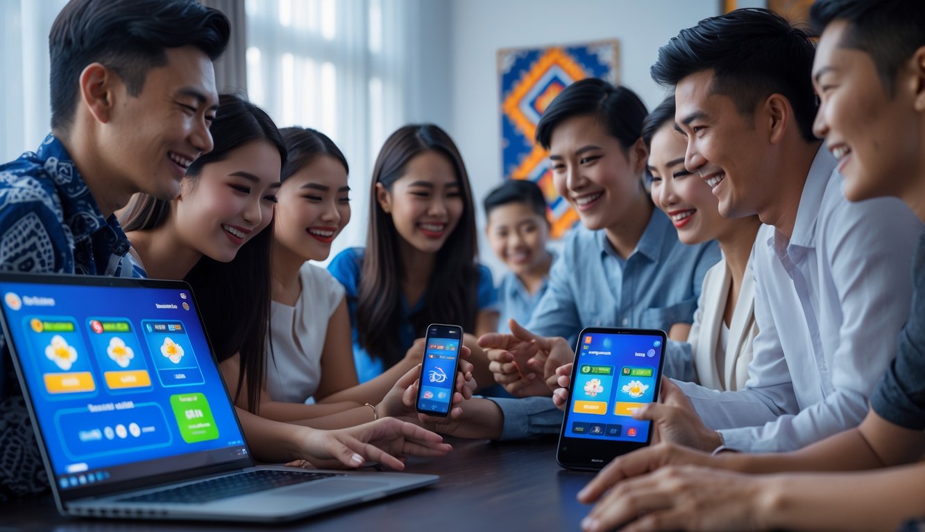Sekelompok orang muda bermain permainan kartu online di laptop dan ponsel dalam ruangan modern dengan elemen budaya Indonesia.