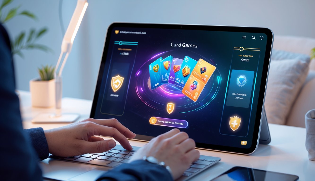 Seseorang bermain permainan kartu Capsa secara online di perangkat digital dengan latar belakang yang bersih dan pencahayaan lembut.