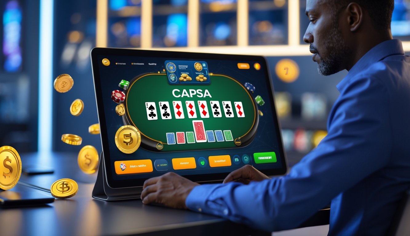 Seseorang menggunakan perangkat digital untuk bermain permainan kartu Capsa online dengan tampilan antarmuka yang modern dan elemen simbol keamanan dan bonus di sekitar layar.