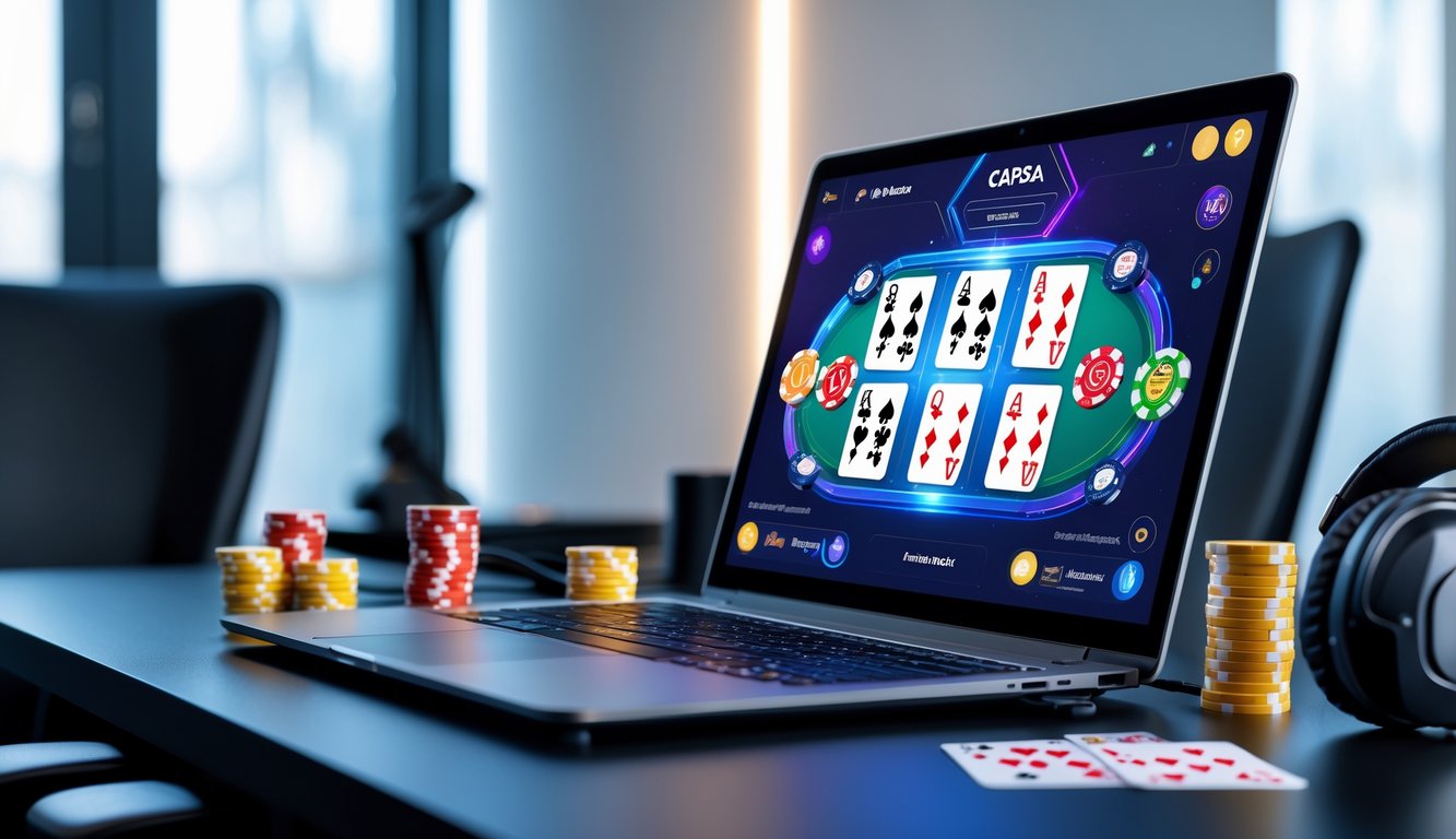 Seorang pemain menggunakan komputer dengan layar menampilkan permainan kartu Capsa online dalam suasana ruang kerja yang rapi dan terang.
