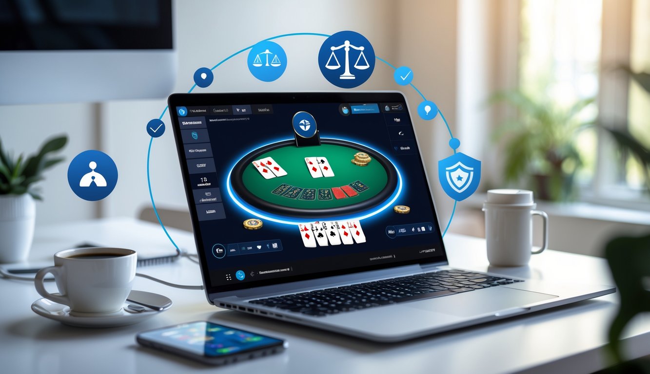 Seorang pemain menggunakan laptop di meja kerja modern dengan tampilan permainan Capsa poker online dan suasana yang terang serta rapi.