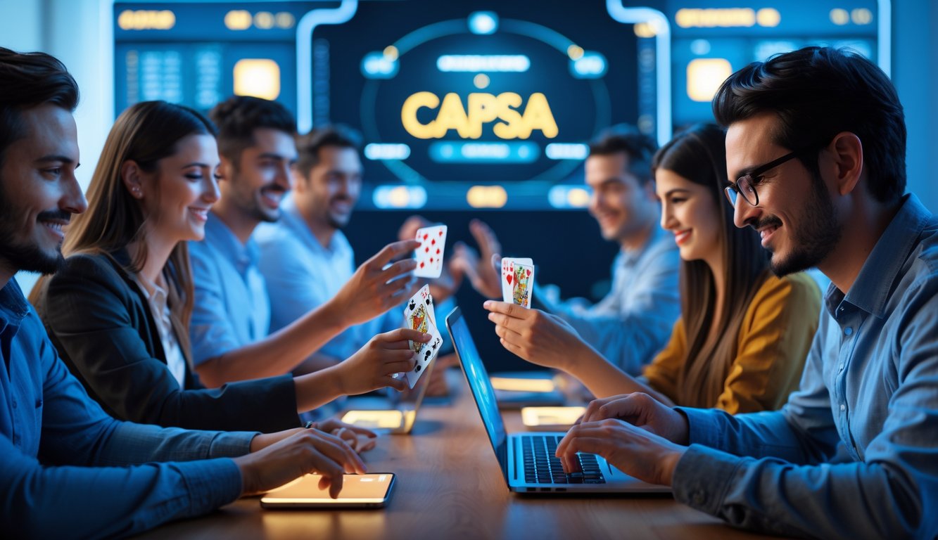 Beberapa orang bermain permainan kartu Capsa secara online menggunakan laptop dan ponsel di ruangan yang terang dan nyaman.