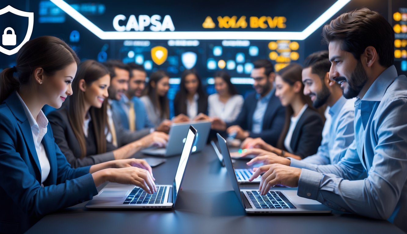 Sekelompok orang bermain permainan kartu Capsa secara online menggunakan laptop dan ponsel di ruangan modern yang terang dan aman.