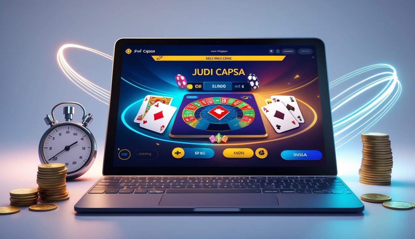Seorang pemain menggunakan laptop untuk bermain judi capsa online dengan kartu di layar dan tumpukan koin di sampingnya.