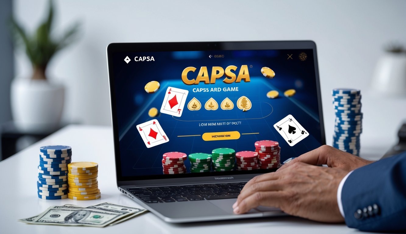 Seseorang menggunakan komputer dengan tampilan permainan kartu Capsa online dan tumpukan chip di meja.