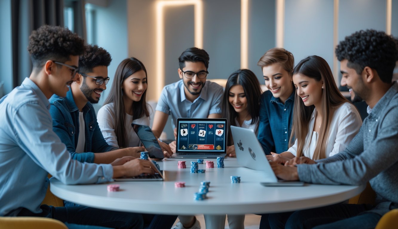 Sekelompok orang muda bermain permainan kartu online bersama di sebuah meja dalam ruangan modern.