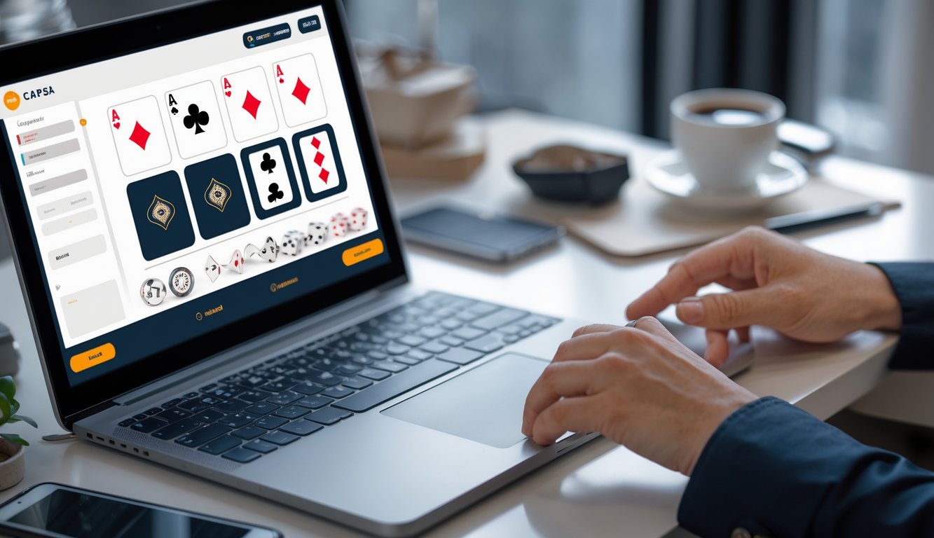 Seseorang bermain permainan Capsa online di komputer dengan kartu dan chip di meja, suasana nyaman dan teratur.