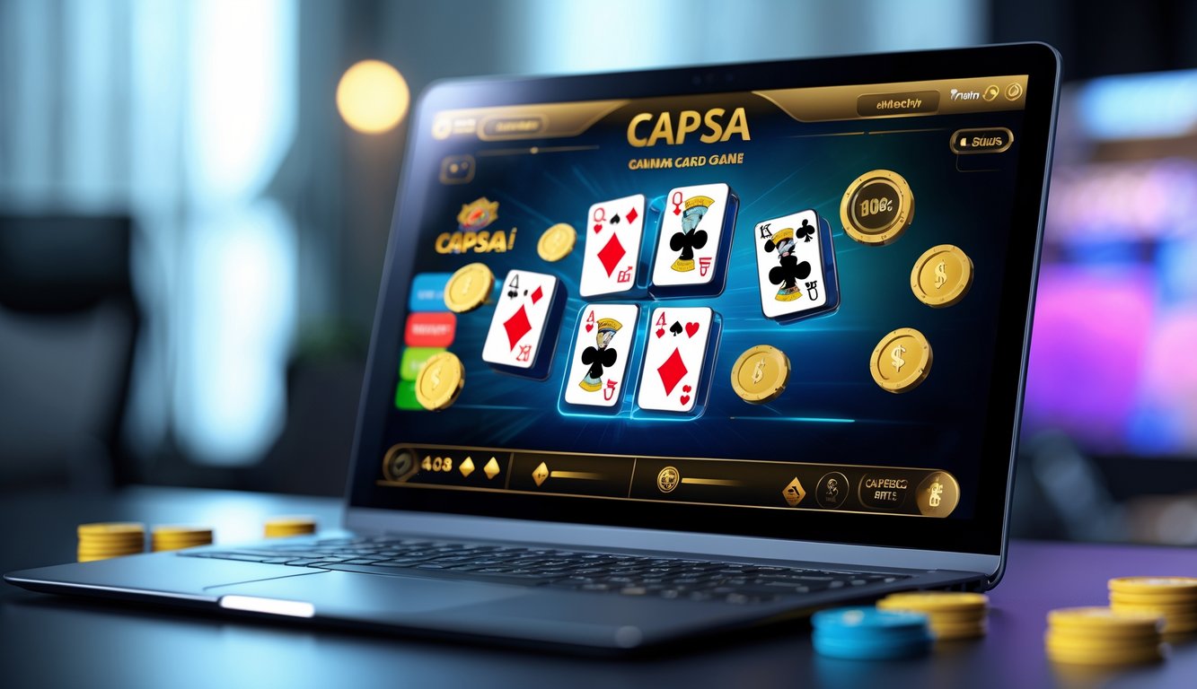 Seorang pemain menggunakan laptop dengan permainan kartu Capsa online yang menampilkan kartu dan chip di layar dalam ruangan yang nyaman.