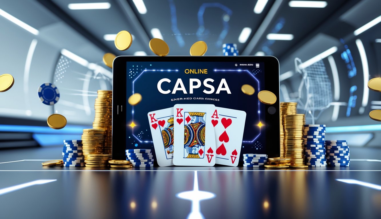 Sebuah layar digital menampilkan permainan kartu Capsa dengan tumpukan koin emas dan chip poker di sekitarnya, menunjukkan suasana kemenangan besar dan koneksi server yang stabil.