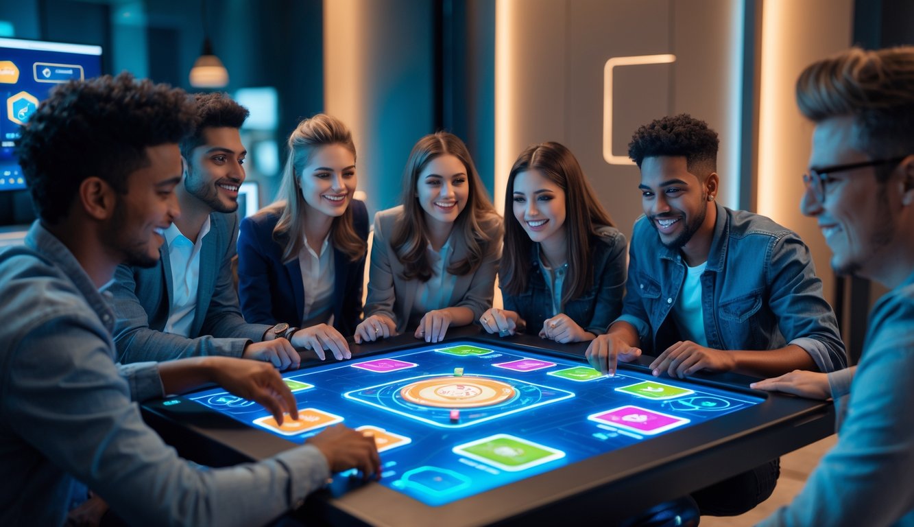 Sekelompok orang muda berkumpul di sekitar meja digital bermain kartu Capsa secara online dengan suasana ceria dan modern.