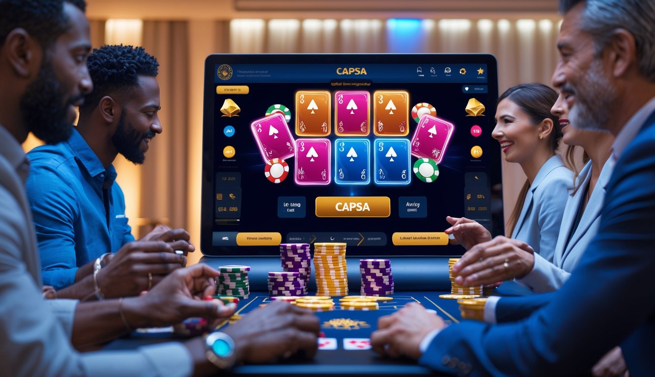 Orang-orang sedang bermain permainan kartu Capsa secara online dengan perangkat digital di ruangan modern.