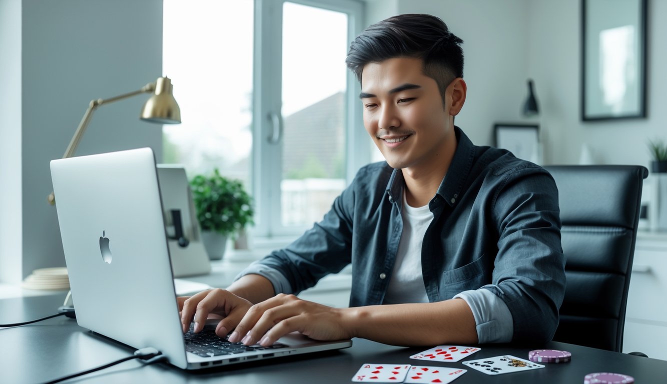 Seorang pria muda duduk di meja dengan laptop dan kartu remi, tampak fokus bermain permainan kartu online di ruangan kantor rumah yang terang.