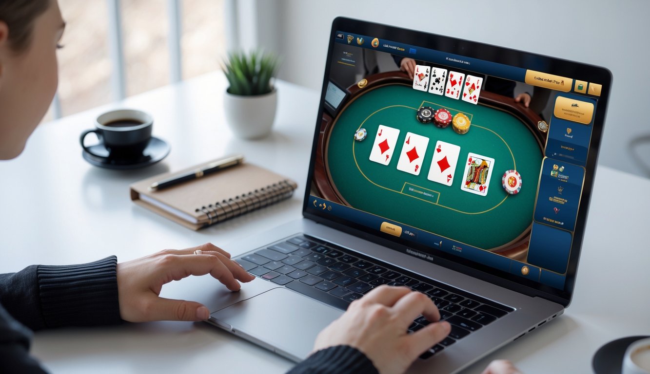 Seseorang bermain permainan kartu Capsa secara online di depan laptop di ruang kerja yang rapi.