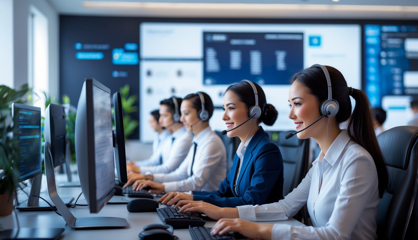 Tim layanan pelanggan yang ramah bekerja di pusat layanan online dengan komputer dan headset.