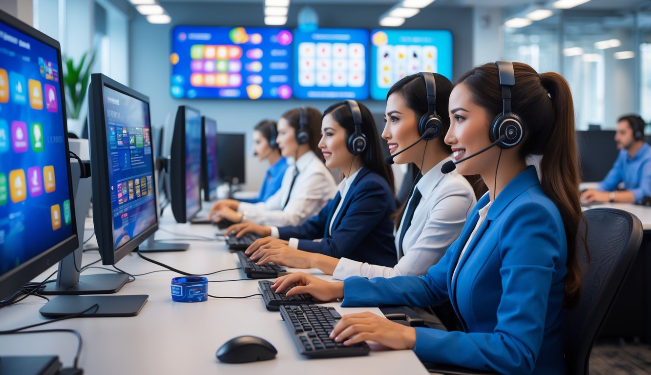 Tim layanan pelanggan sedang bekerja di kantor modern dengan komputer dan headset, membantu pengguna permainan kartu online.