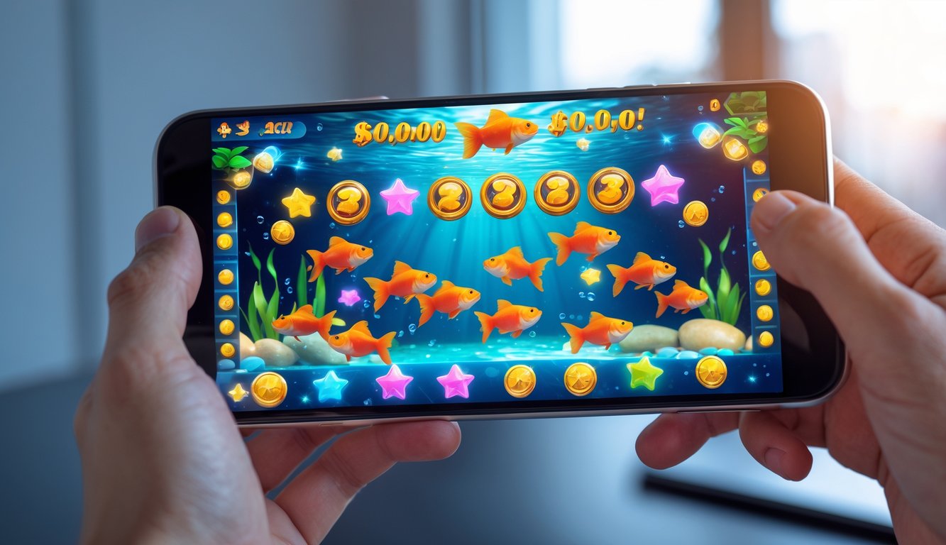 Seseorang memegang ponsel yang menampilkan permainan ikan mas dengan ikon jackpot dan simbol kemenangan yang berwarna-warni.