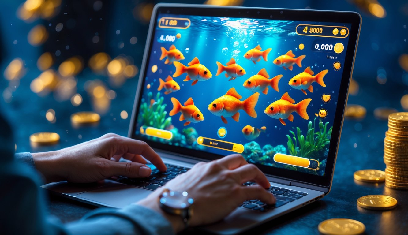 Seseorang sedang bermain game tembak ikan goldfish online dengan layar komputer menampilkan ikan emas berwarna cerah dan elemen permainan yang menarik.