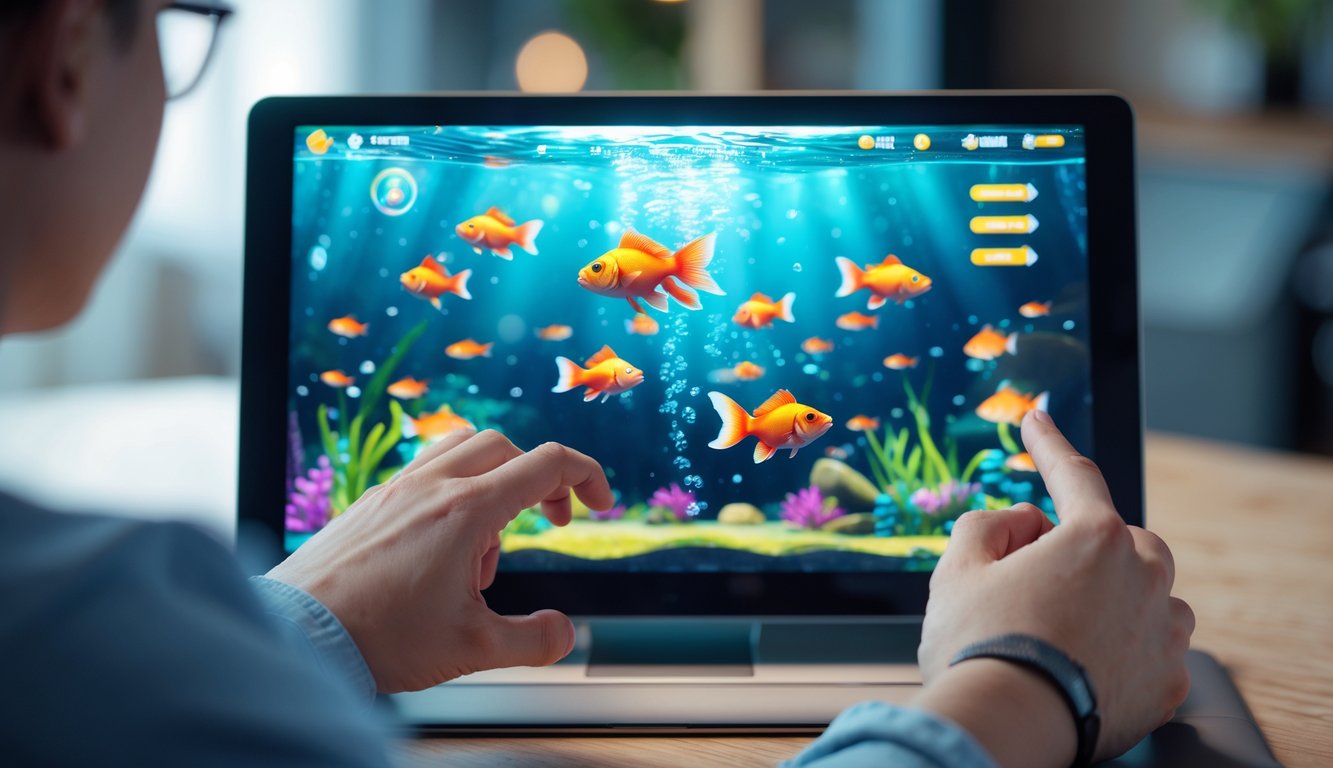 Seorang pemain sedang bermain game menembak ikan dengan layar perangkat yang menampilkan ikan berwarna-warni di bawah air.