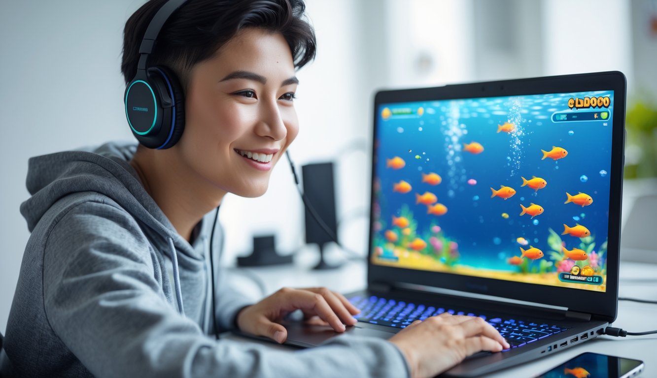 Seorang dewasa muda fokus bermain game tembak ikan goldfish online di laptop dengan latar ruang kerja yang terang dan rapi.