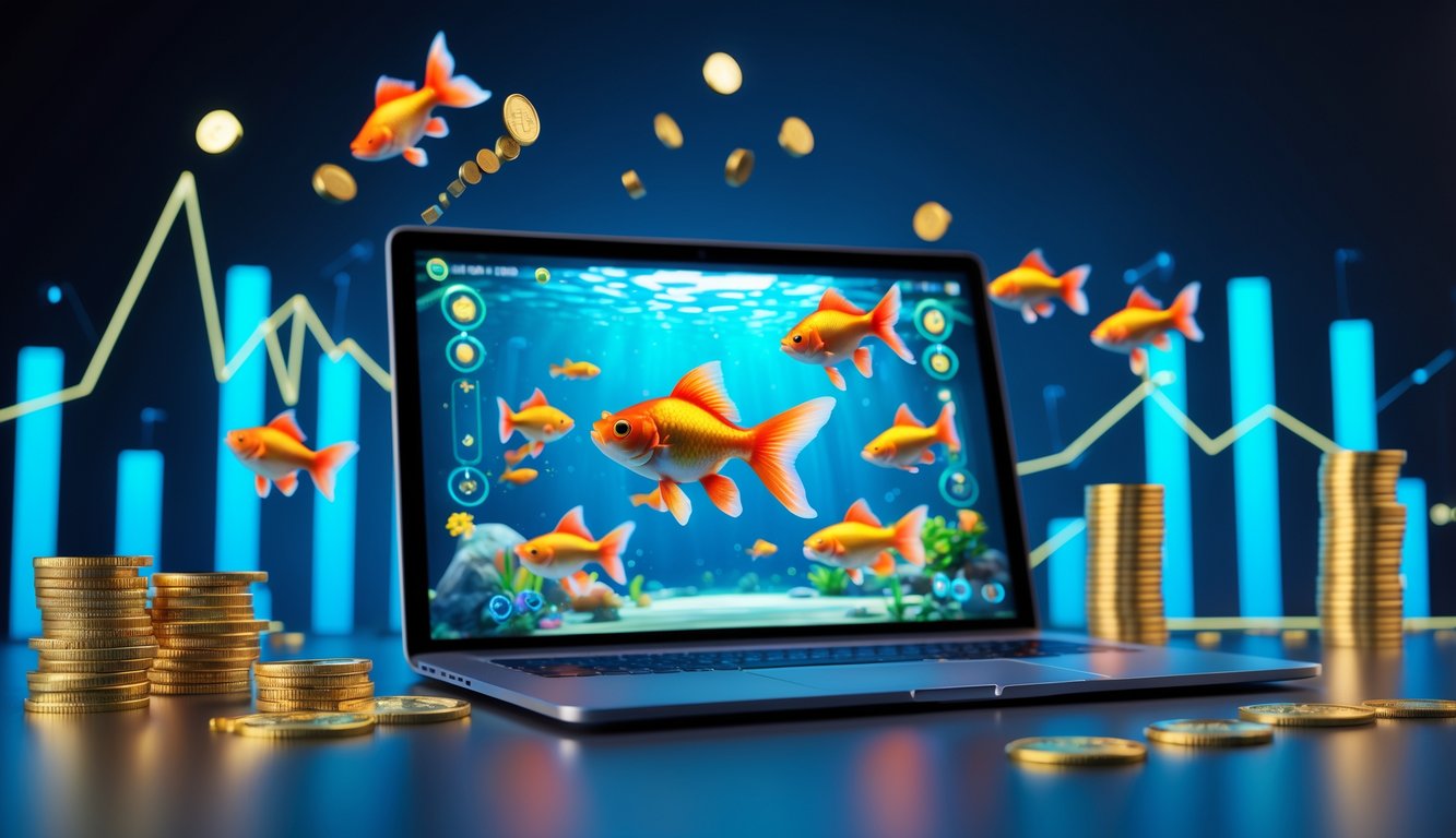 Sebuah layar komputer menampilkan permainan tembak ikan dengan ikan mas emas berwarna cerah di lingkungan bawah air digital, dikelilingi koin emas dan grafik naik di meja gaming modern.