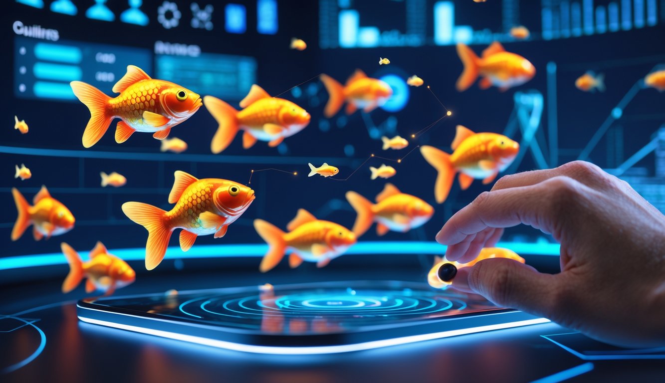 Tangan seseorang sedang menggunakan perangkat layar sentuh dengan gambar ikan mas berwarna-warni di layar, menampilkan suasana permainan tembak ikan online.
