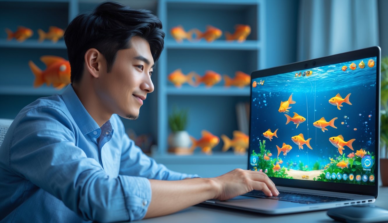 Seorang pria muda sedang bermain permainan tembak ikan goldfish online di laptop di ruang kerja rumah yang nyaman.