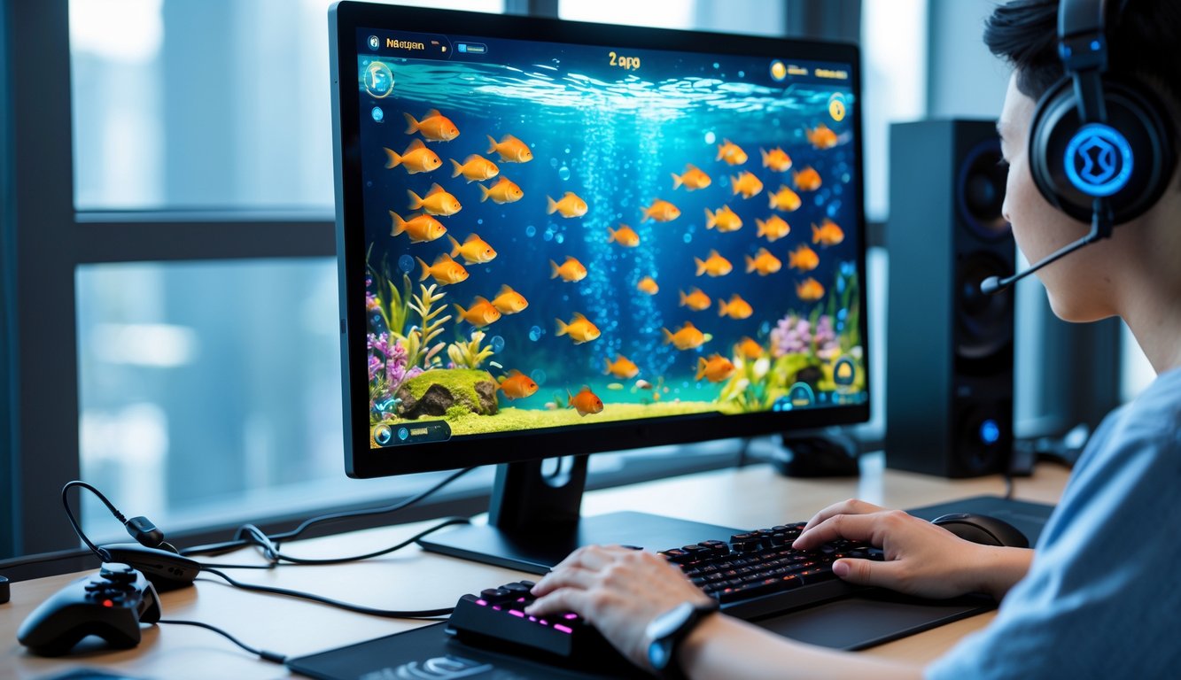 Seorang pemain sedang menggunakan komputer dengan permainan ikan mas warna-warni di layar, berada di meja kerja yang rapi dan terang.