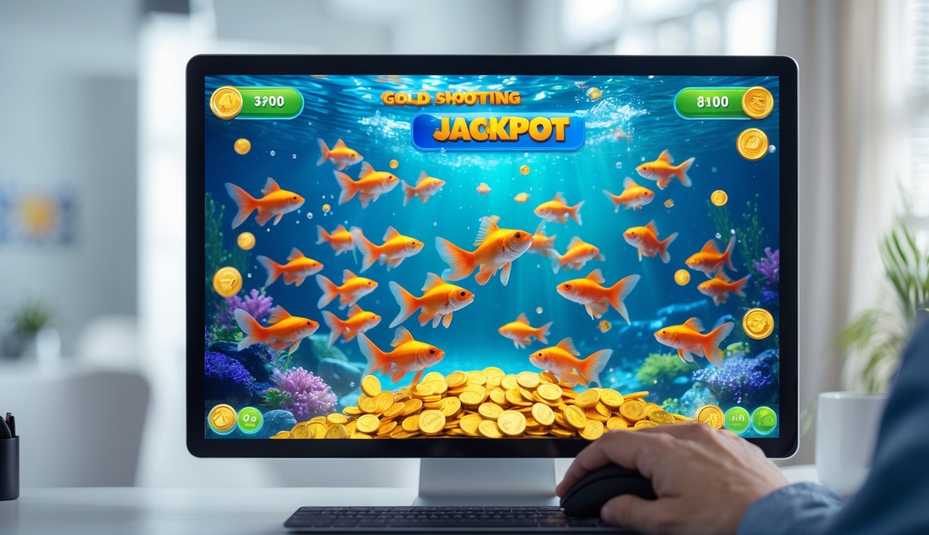 Layar komputer menampilkan permainan tembak ikan dengan ikan mas berwarna cerah dan ikon jackpot di latar bawah laut, di ruang kerja modern dengan tangan yang menggunakan mouse.