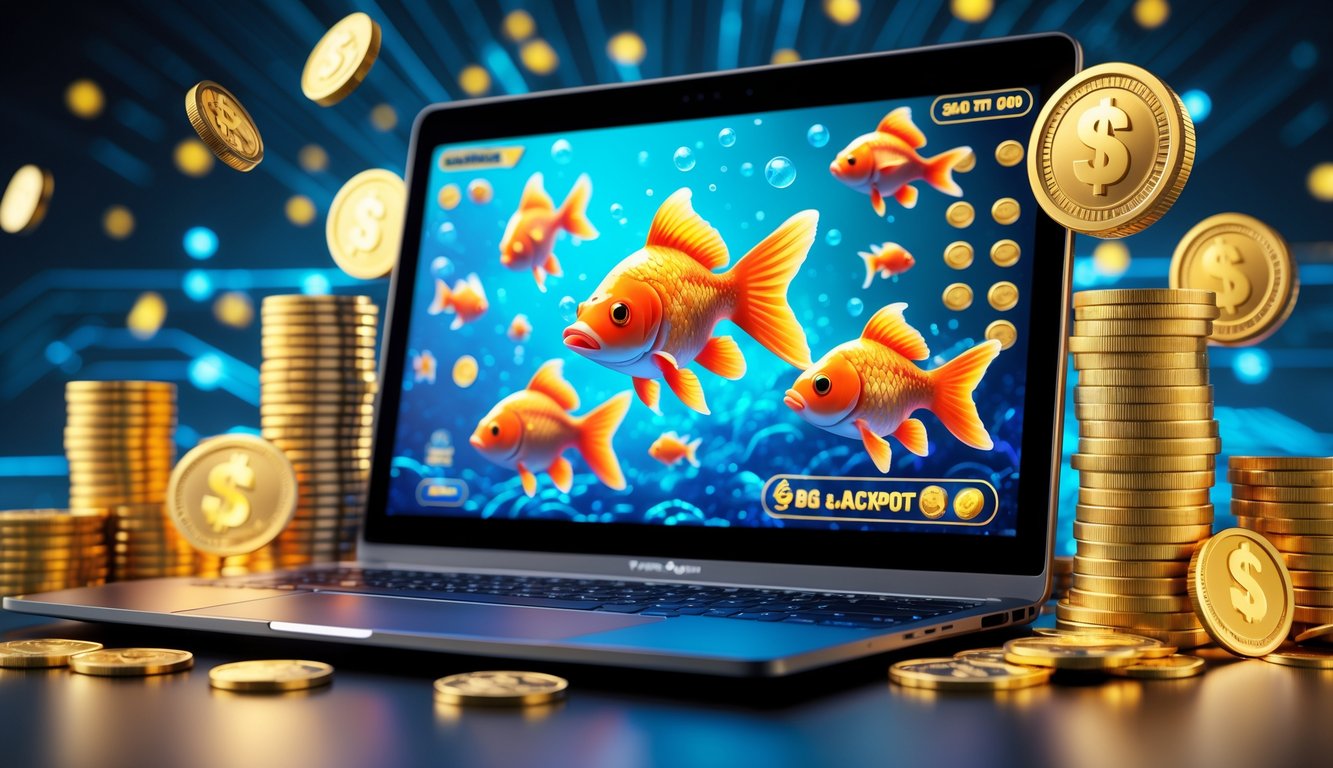 Seorang pemain menggunakan komputer dengan tampilan permainan tembak ikan Goldfish yang penuh warna dan berbagai ikan, dikelilingi oleh koin emas dan simbol jackpot besar.