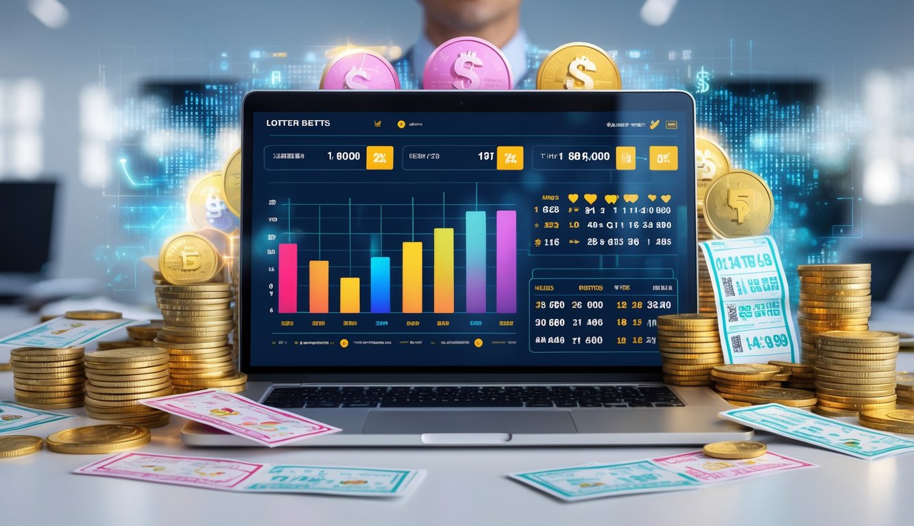 Meja kerja modern dengan laptop yang menampilkan grafik dan statistik, dikelilingi oleh tumpukan uang dan tiket lotere, menggambarkan platform taruhan online terpercaya dengan hadiah besar.