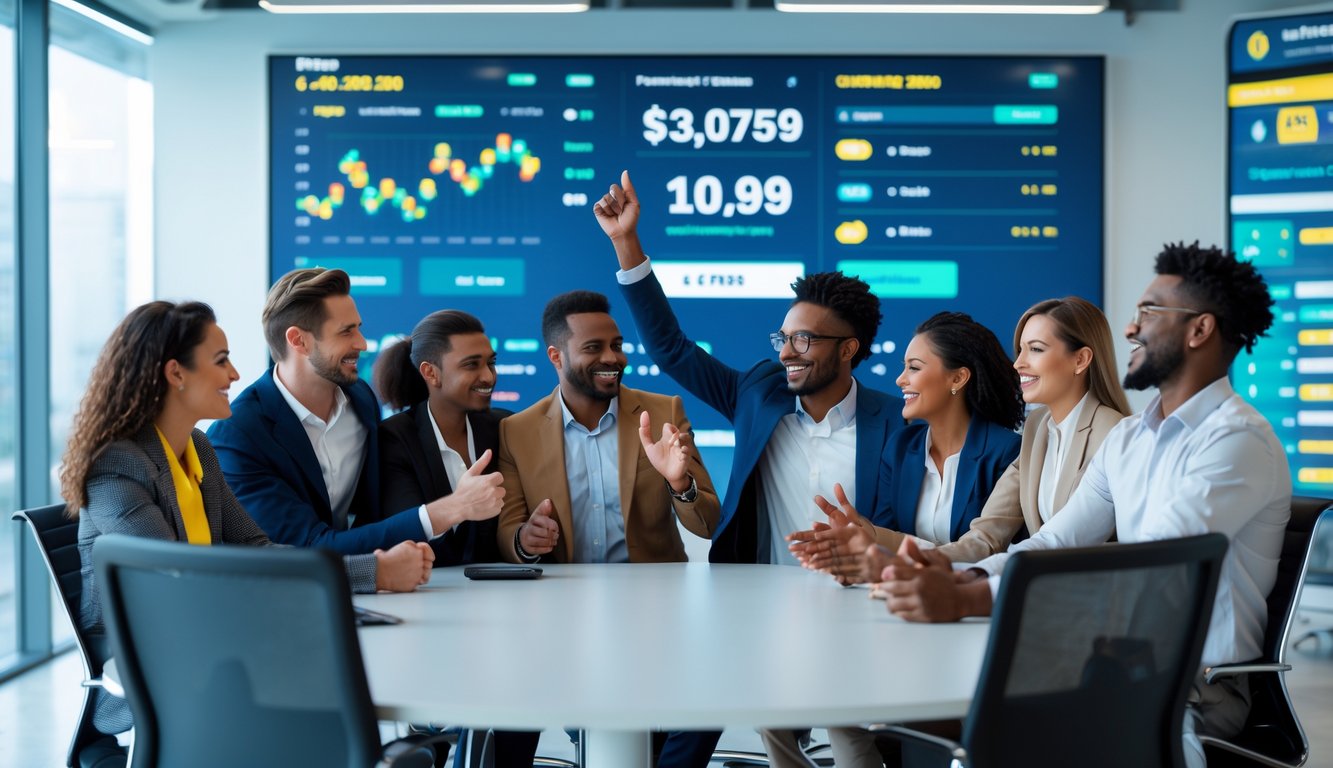 Sekelompok orang beragam di kantor modern sedang merayakan keberhasilan dengan layar digital menampilkan grafik dan angka di latar belakang.