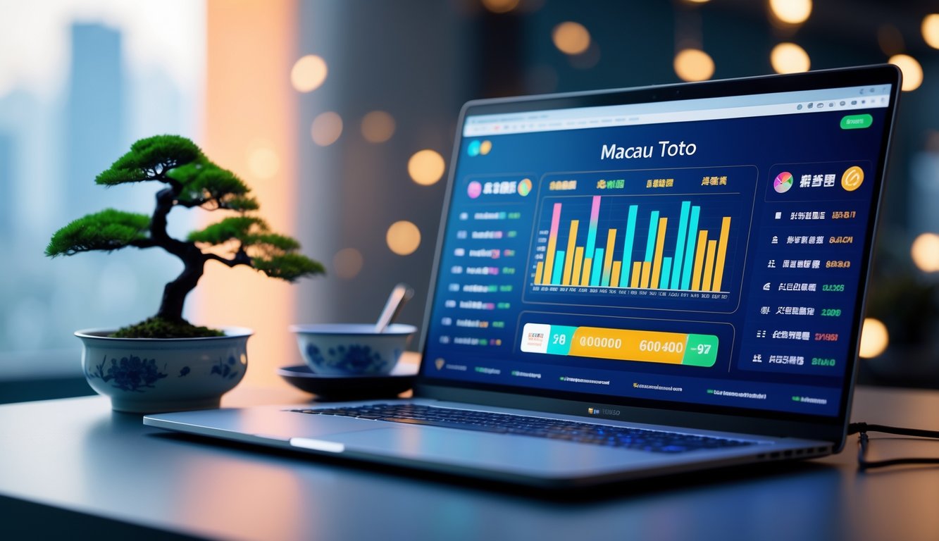 Seorang pria menggunakan komputer dengan tampilan hasil lotere online yang cepat dan akurat, dikelilingi oleh elemen budaya Asia seperti cangkir teh dan pohon bonsai kecil.