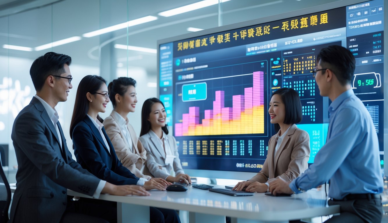 Sekelompok profesional muda Asia sedang melihat layar digital besar dengan data hasil Toto Macau secara cepat dan akurat di kantor modern.