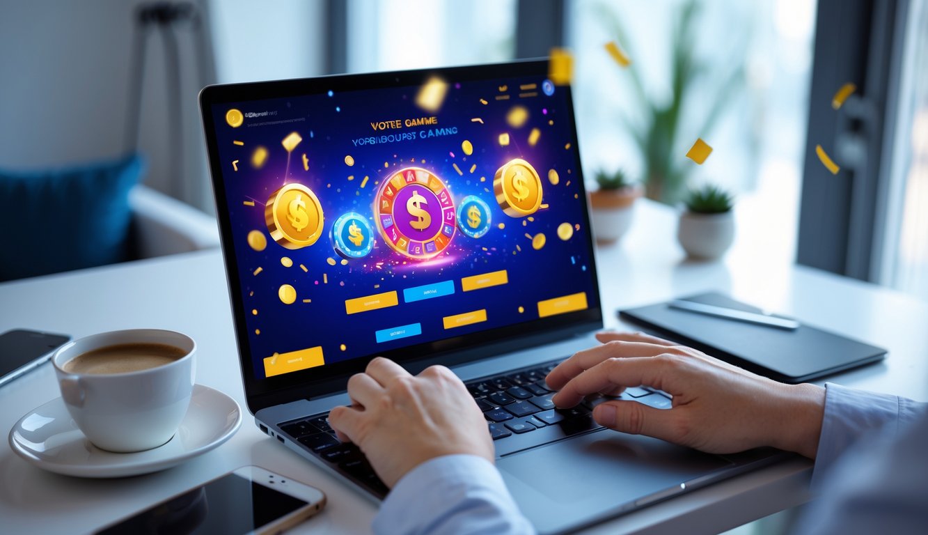 Seseorang menggunakan laptop di meja kerja modern dengan suasana nyaman dan elemen digital yang menunjukkan permainan lotere online.