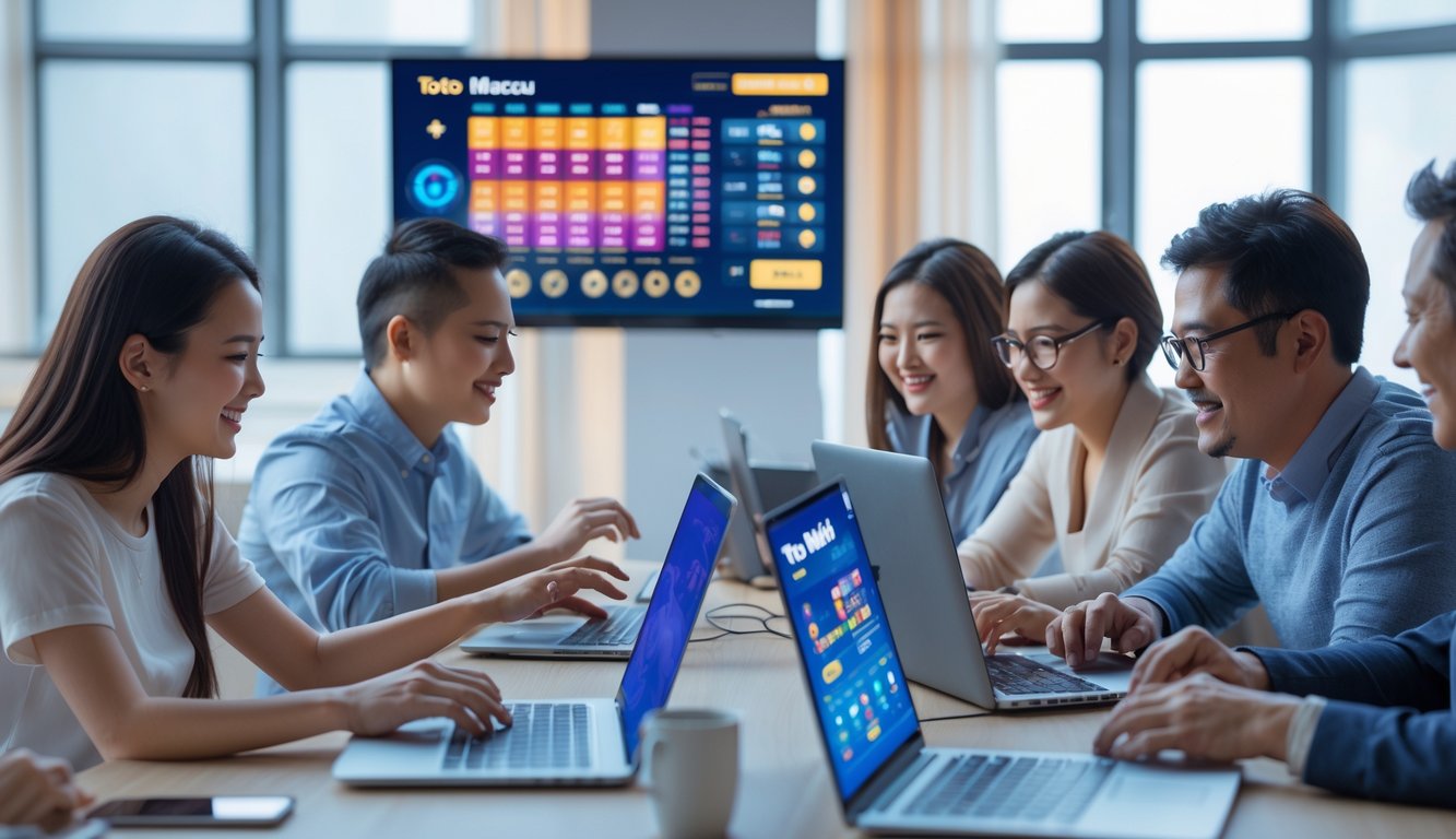 Sekelompok orang bermain permainan Toto Macau online dengan laptop dan ponsel di ruangan modern yang terang.
