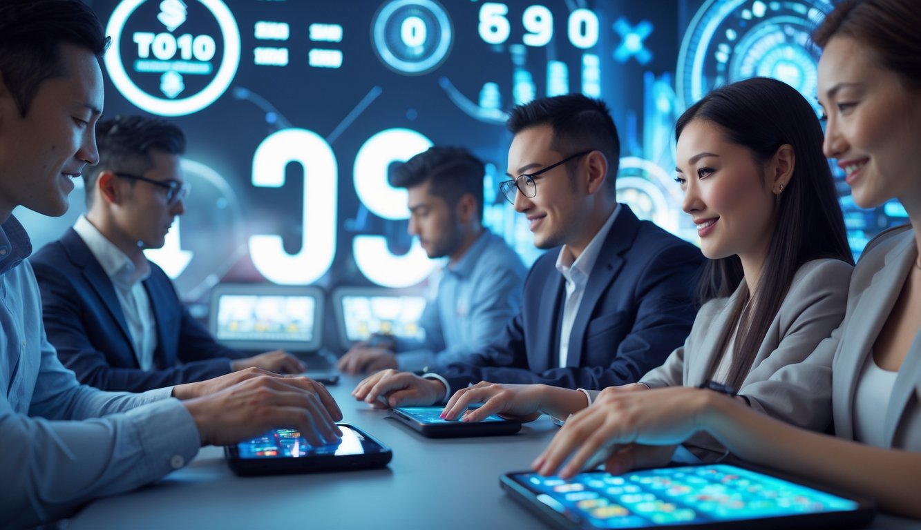 Sekelompok orang sedang bermain permainan online Toto Macau menggunakan perangkat di ruangan modern yang terang.