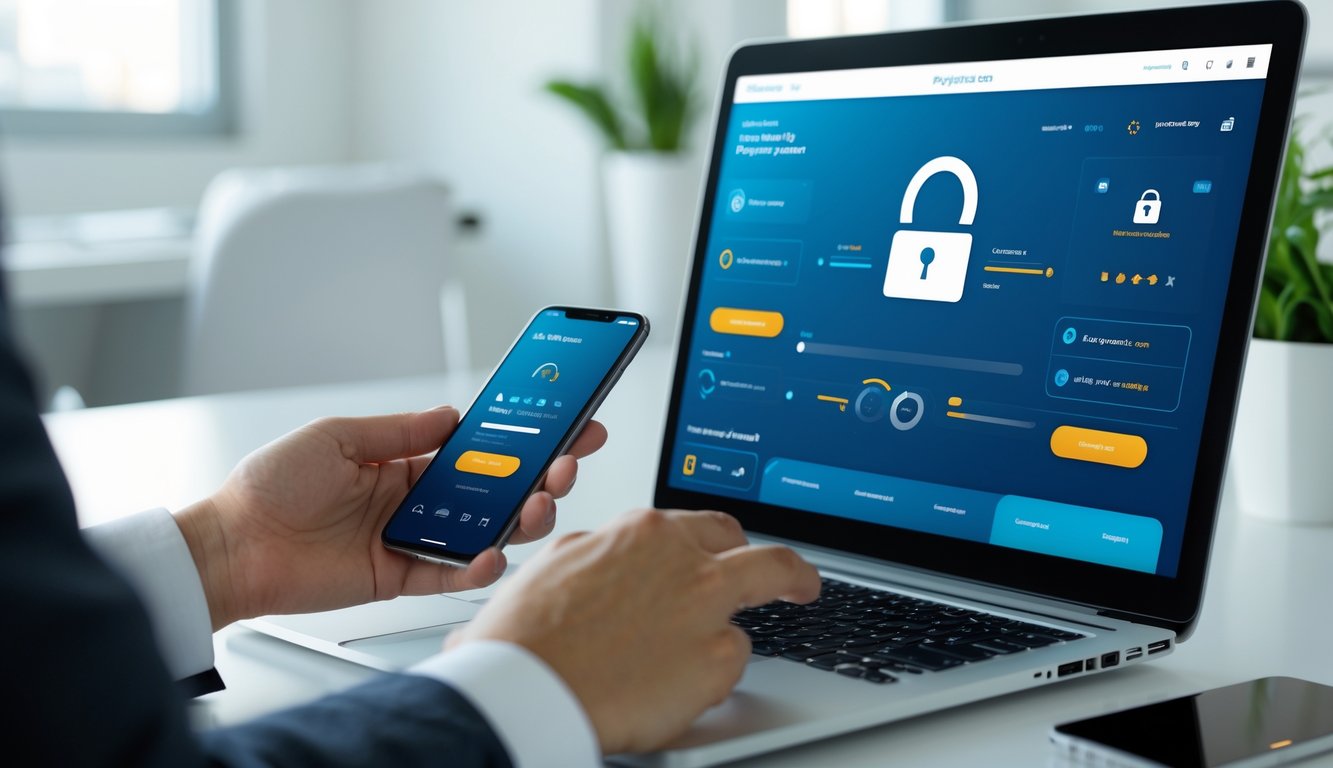 Seseorang menggunakan laptop dan ponsel pintar di meja kantor dengan tampilan sistem pembayaran online yang aman dan cepat.