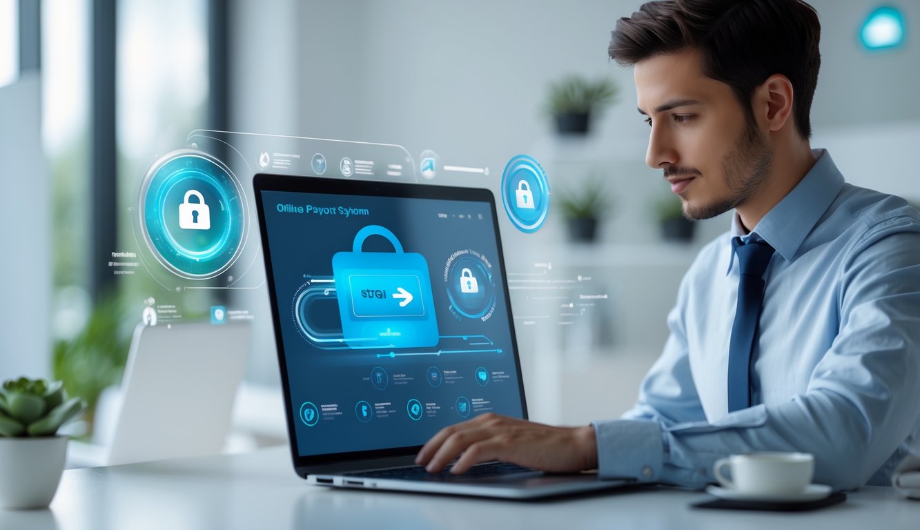 Seorang profesional muda menggunakan laptop di kantor modern dengan tampilan sistem pembayaran online yang cepat dan aman di layar komputer.