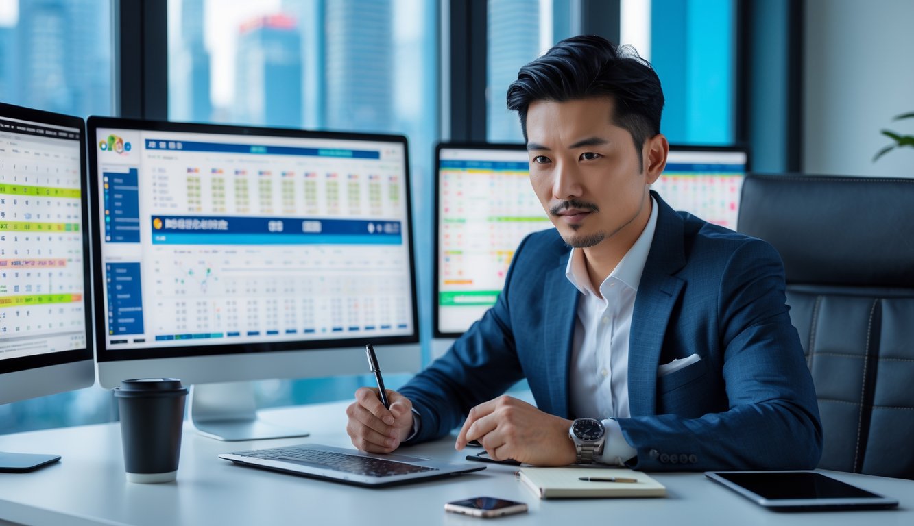 Seorang pria Asia duduk di meja kerja dengan beberapa layar komputer menampilkan grafik dan angka, sedang menganalisis data di ruang kantor dengan pemandangan kota Macau di latar belakang.