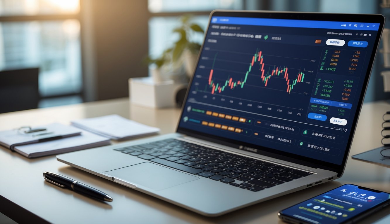 Meja kerja modern dengan laptop yang menampilkan grafik dan angka terkait permainan Toto Macau online, dikelilingi catatan dan ponsel pintar.