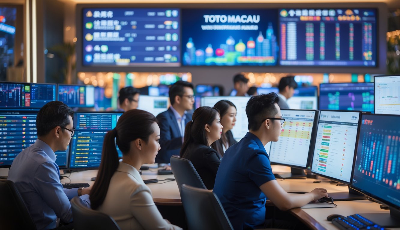 Beberapa orang dewasa sedang menggunakan komputer dengan tampilan pasar taruhan online Toto Macau di latar belakang kota Macau.