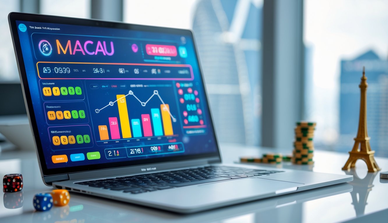 Seorang pria menggunakan laptop dengan tampilan hasil live dan grafik di layar, di meja dengan dekorasi kecil bertema Macau.