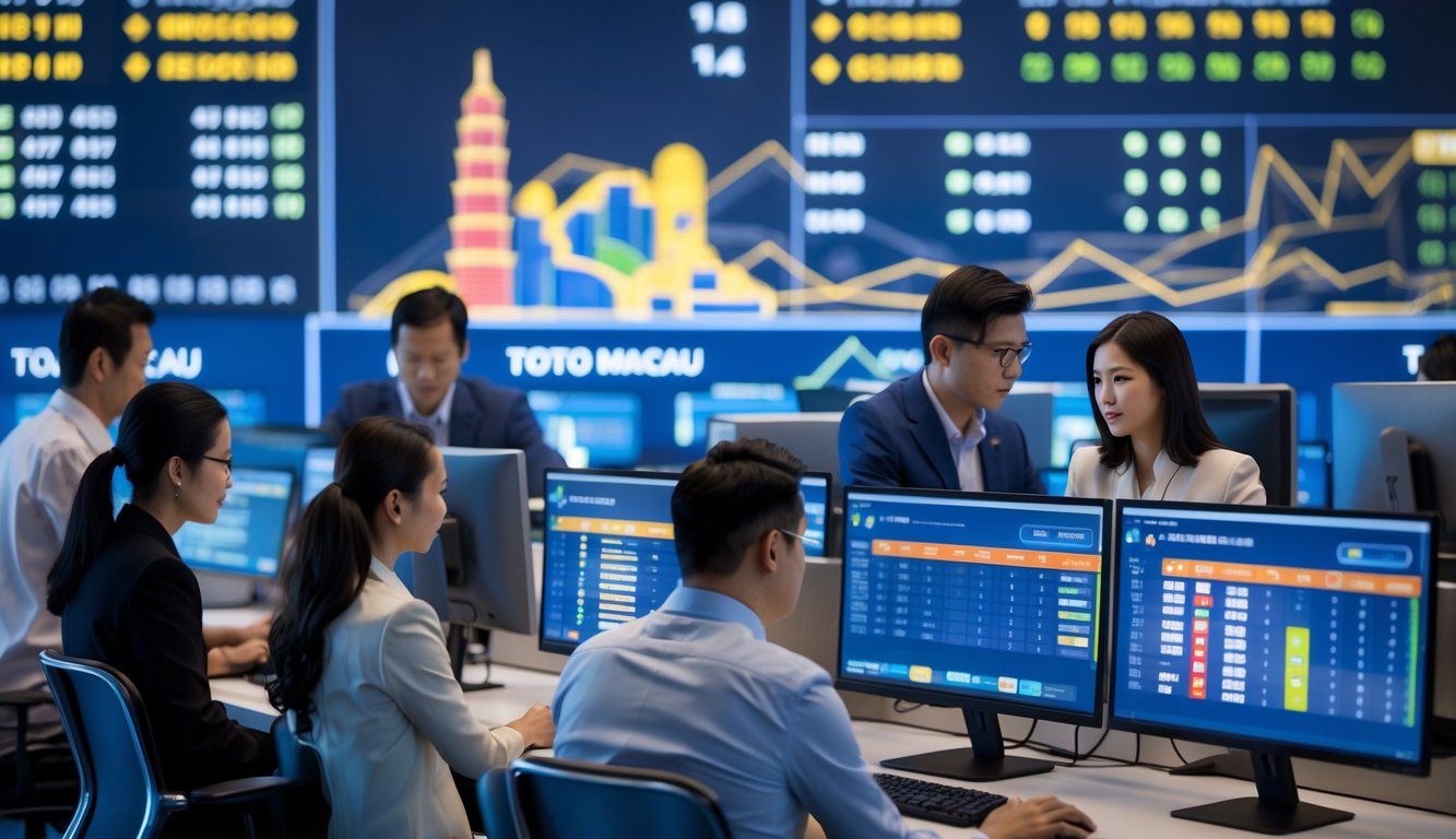Orang-orang bekerja di ruang kerja modern dengan beberapa monitor menampilkan hasil langsung dan grafik terkait Toto Macau.
