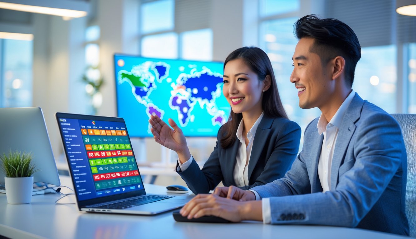 Seorang pria dan wanita Asia duduk di meja kantor modern sambil berdiskusi dengan laptop terbuka yang menampilkan grafik dan angka togel.