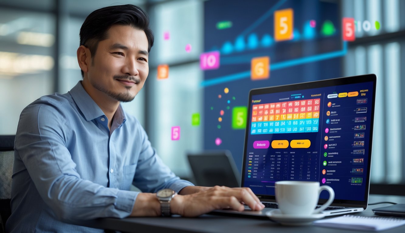 Seorang pria Asia dewasa duduk di meja kantor modern menggunakan laptop dengan tampilan angka dan grafik, menunjukkan aktivitas bermain togel online.