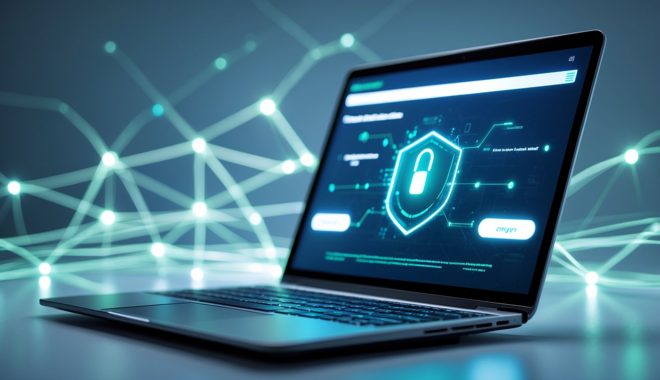 Sebuah perangkat digital modern yang menampilkan antarmuka platform online dengan latar belakang jaringan digital yang futuristik.