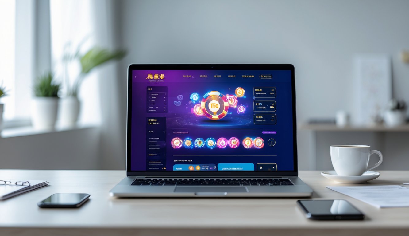 Seorang profesional menggunakan laptop di meja kerja yang rapi dengan suasana terang dan tenang, menunjukkan akses mudah ke platform online.